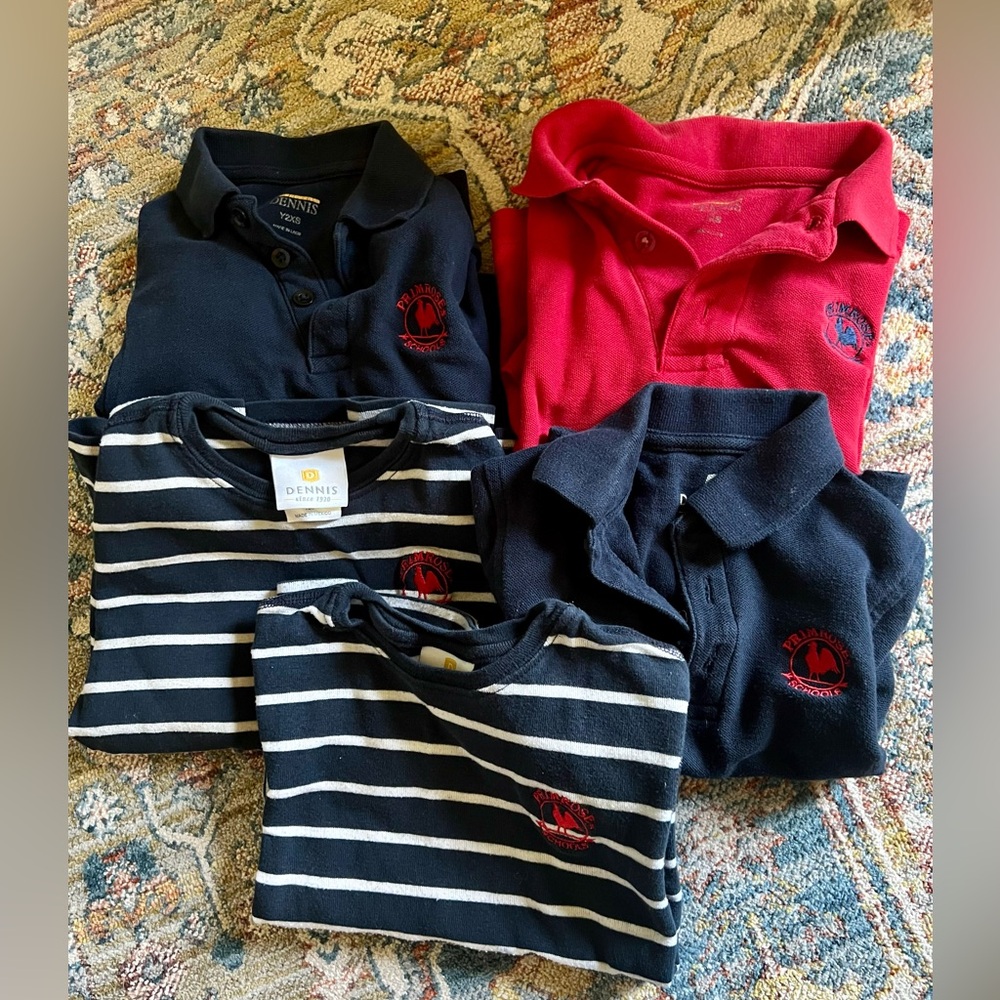 Lot of 5 Long Sleeve Primrose School Uniform Shirts, sized between Y2XS and XS.